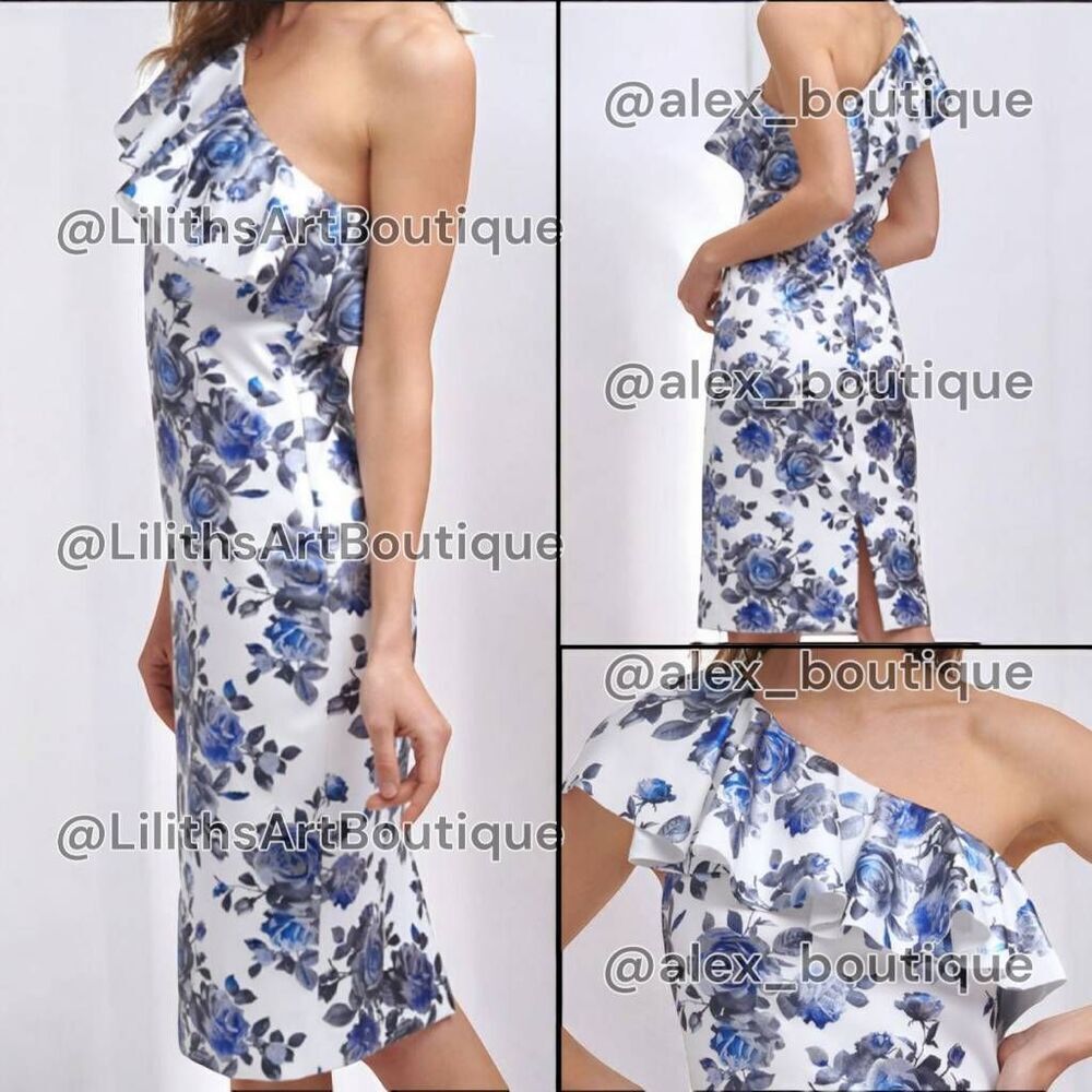 Eliza J One-Shoulder Floral Ruffle Sheath Midi Dress(C035)-Size 10 for W…